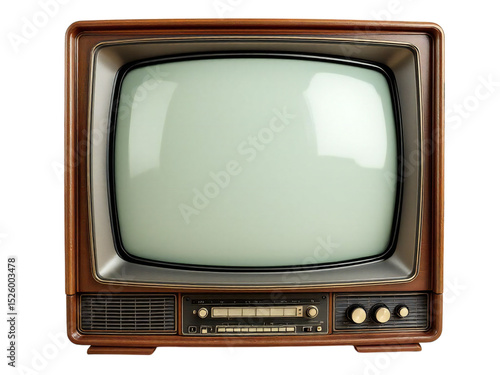 Vintage television set with a wooden frame and a blank screen against a black background space