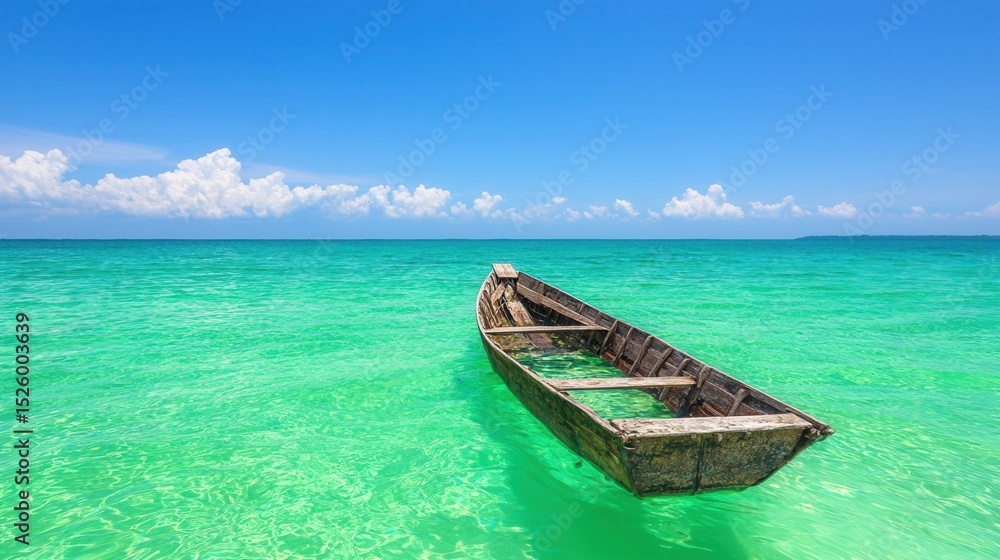 Obraz premium summer concept. Serene boat floating in clear turquoise waters under a blue sky.