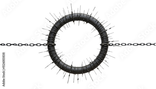 Artistic sculpture of a black ring with spikes connected by chains on a white background

