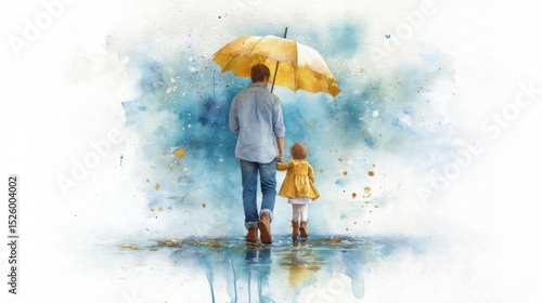 Father And Daughter Walking In Rain Under Yellow Umbrella Watercolor Painting
