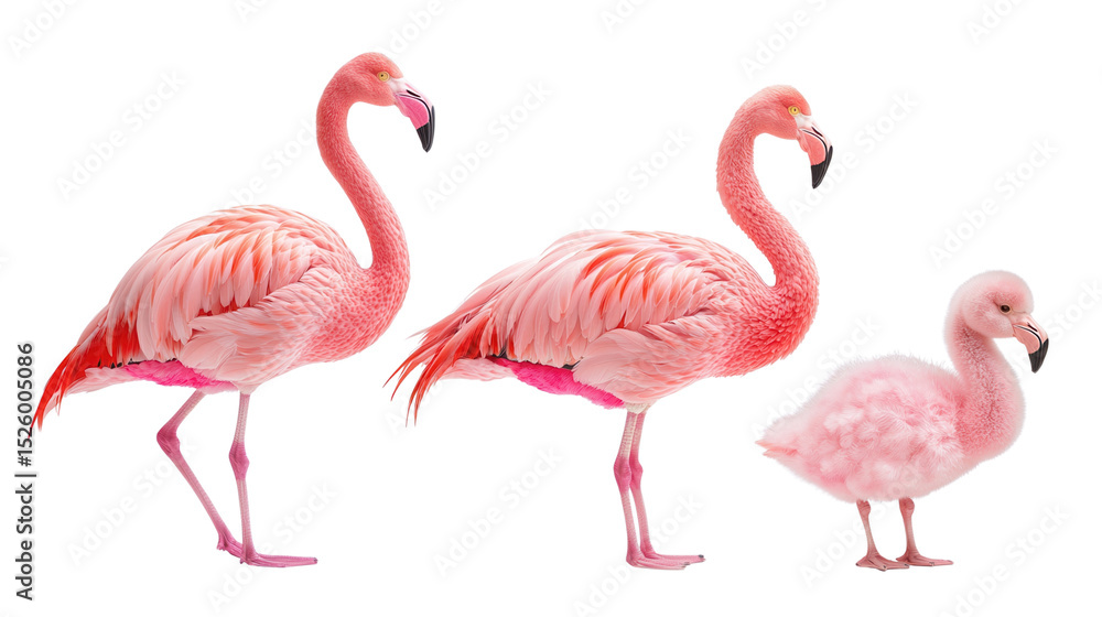 Obraz premium summer concept. Three flamingos in various poses and stages of maturity. isolated on white background