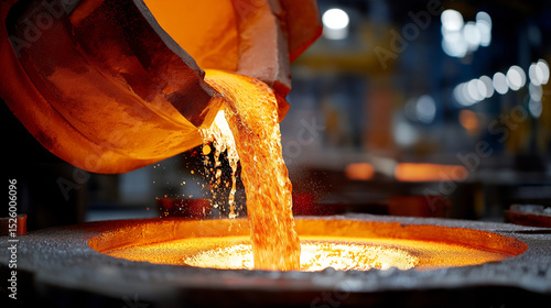 Red-hot steel being poured from the ladle at an industrial plant, forming a large, round shape resembling a human face. Shallow depth of field creates an orange-hued lighting effec