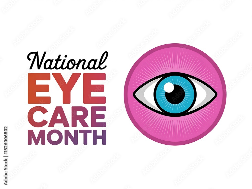 National eye care month graphic with eye icon and colorful text on a white background National eye care month graphic with eye icon and colorful text on a white background