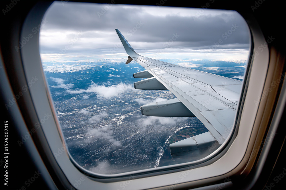Naklejka premium View through airplane window during landing, wing visible with ground approaching, cloudy weather