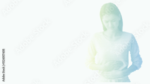 A woman holds her aching stomach with both hands, Menstrual Hygiene Day background