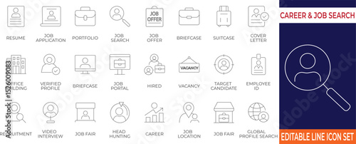 Modern icon set featuring essential symbols for job search, resume, recruitment, and career tools. Perfect for websites, HR presentations, job portals, and employment-related designs.