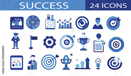 Collection of blue icons representing success achievement goals business strategies and targets