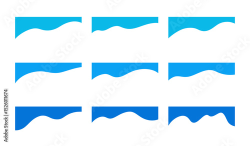 Wavy blue abstract graphic separation elements for banner, web page, background, vector, flat design. An empty text field for the title, label, and poster. Upper part of the frame, borders