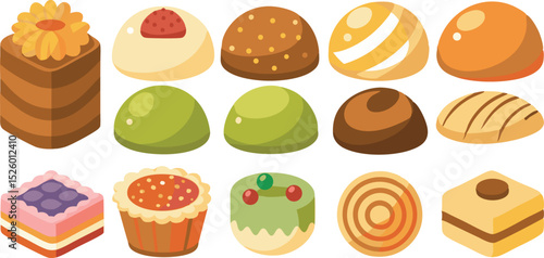 Collection of colorful and delicious looking isometric style pastries and cakes