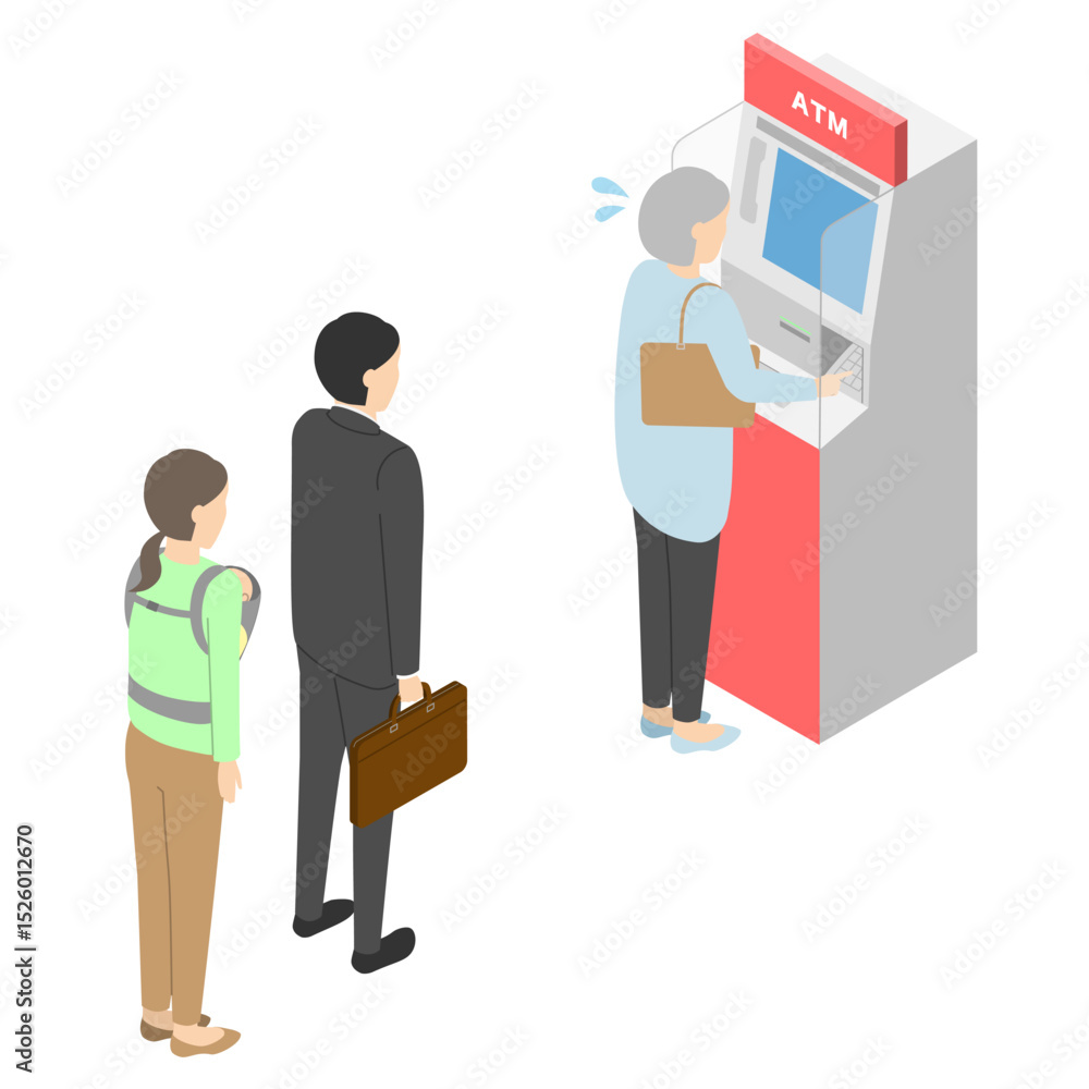 Obraz premium ATMに並ぶ人々と焦るおばあさん・アイソメトリック