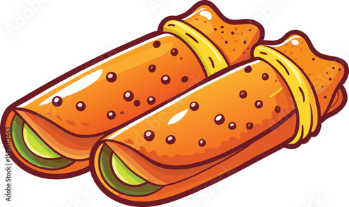 Two delicious looking cartoon spring rolls with green filling illustration