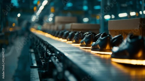 Wallpaper Mural Shoe factory line: Automated shoe production line with shiny shoes illuminated by factory lights on a conveyor belt, embodying industrial efficiency and modern manufacturing. Torontodigital.ca