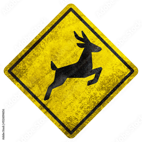 Deer crossing warning sign with black silhouette and rusty texture on transparent background.
