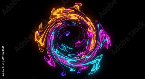 Abstract Neon Swirls: A vibrant digital artwork showcasing swirling neon colors in a circular pattern against a black background.