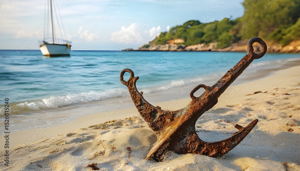 Fototapeta premium old rusty anchor on a quiet beach