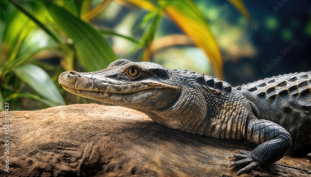 Obraz premium Vibrant Emerald Crocodile Skink Hiding Among the Lush Leaves of an Indonesian Tropical Rainforest, Astonishing View of a Camouflaged Reptile in a Vibrant Environment teeming with Life.