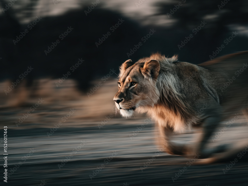Naklejka premium A dynamic image of a lioness sprinting across the savannah