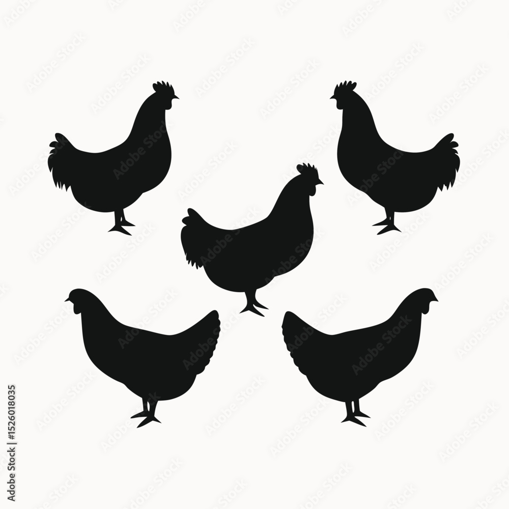 Fototapeta premium Silhouette Collection Five Chickens, Roosters, Hens, Poultry Farm Animals