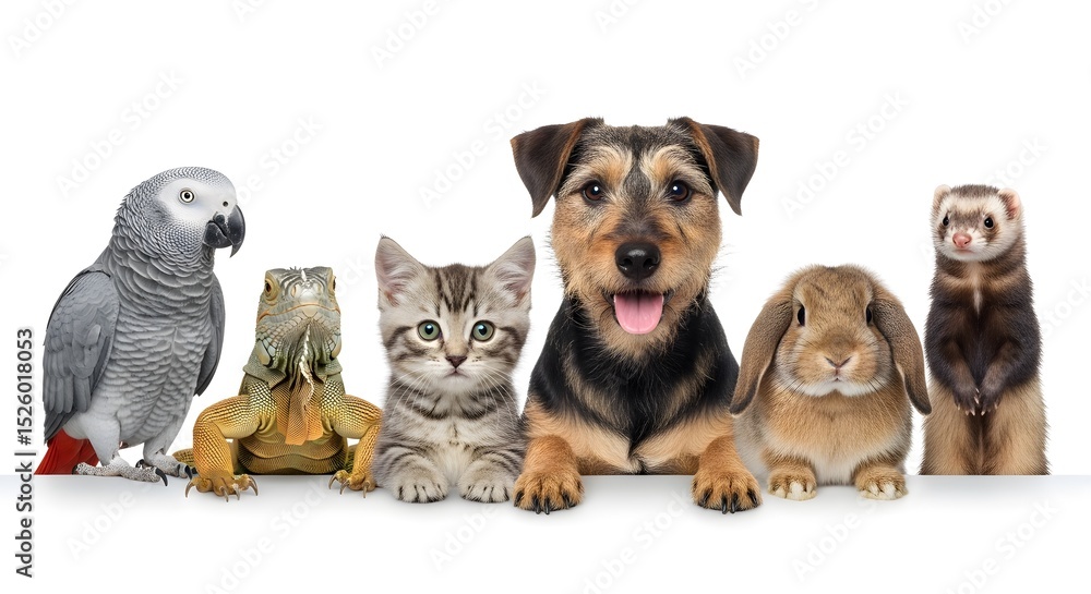 Obraz premium Diverse Group of Domestic Pets: Parrot, Iguana, Cat, Dog, Rabbit, and Ferret on White Background