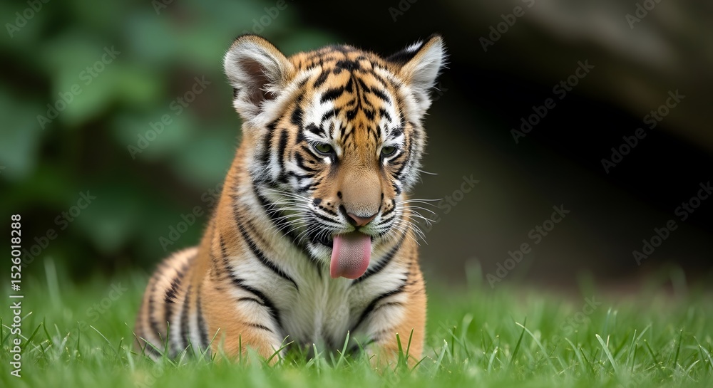Obraz premium Adorable Tiger Cub Licking Its Face in Lush Green Grass