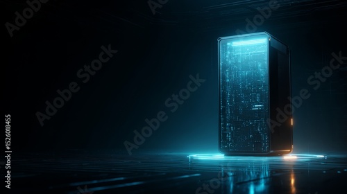Futuristic supercomputer with glowing blue lights in a high-tech minimalist environment, showcasing advanced technology and innovation with ample copy space for design.