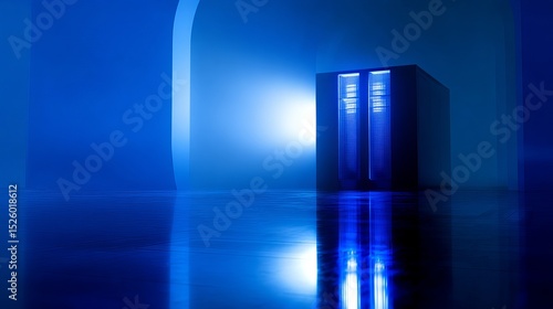 Futuristic supercomputer with glowing blue lights in a high-tech minimalist environment, showcasing advanced technology and innovation with ample copy space for design.