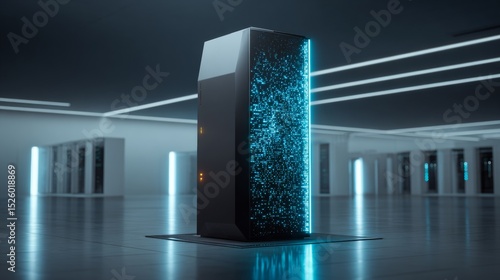 Futuristic supercomputer with glowing blue lights in a high-tech minimalist environment, showcasing advanced technology and innovation with ample copy space for design.