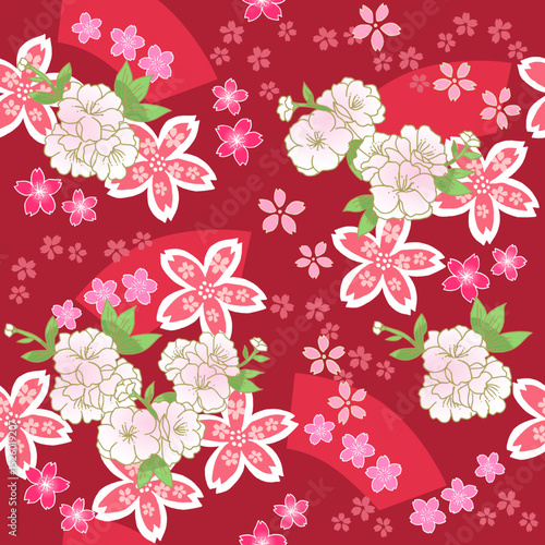桜尽くしの和風シームレスベクター素材(えんじ色)