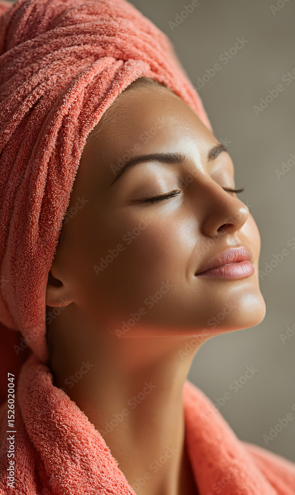 Fototapeta premium Serene beauty with closed eyes enjoying a spa day wrapped in a soft towel relaxation and tranquility concept