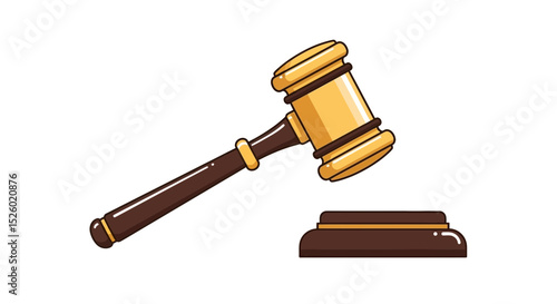 Gavel and Sound Block: Golden Judge's Hammer, Law, Justice, Legal Icon, Vector Illustration