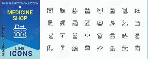 Medicine Shop icon set. Contains related to pharmacy, treatment, pharmaceutical, syringe, medication, pill. Pharmacy icon pack. Sign and Symbol. Signs for web and mobile app.