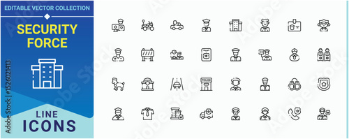 Security Force modern icon set. Pictograms of officer, law, criminal, cop, policeman and more. Police modern icon set. Thin line icons set. Editable stroke vector art.
