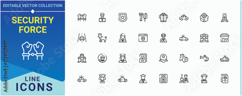 Security Force simple icon set. Includes symbols for criminal, policeman, justice, security, court and more. Police vector line icon set. Outline icons pack. Editable stroke. Pixel Perfect.