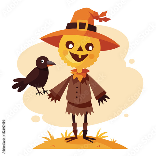 Cartoon Scarecrow Wearing Orange Hat with Crow Perched on Hand, Standing on Field