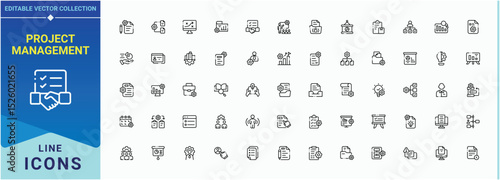 Project Management linear icon collection. Manage line icon set. Contains outline symbols like project, work, manager, plan, development, solution and more. Editable vector stroke.