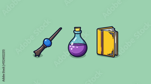 Magical wand, potion bottle, and spellbook set against a green background