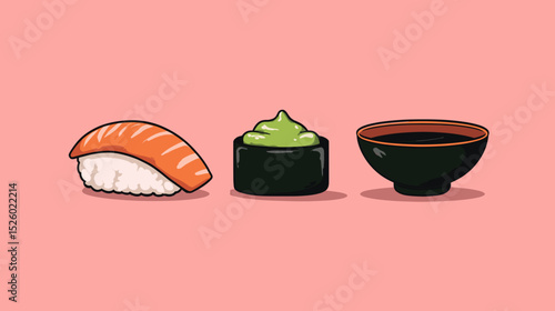 Colorful sushi platter featuring salmon nigiri, wasabi, and soy sauce in a modern setting
