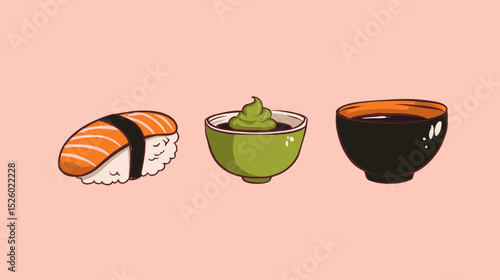 Sushi and wasabi with soy sauce on a minimalist pink background showcasing Japanese cuisine