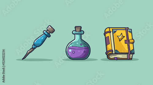 Colorful magical tools including a potion bottle, a scroll, and a book on a light green background showcase a whimsical fantasy theme