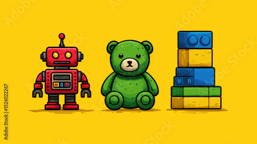 Colorful toys including a robot, a bear, and building blocks against a bright yellow background