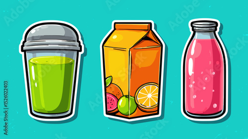 Colorful fruit beverages displayed on a bright background showcasing various flavors and packaging styles