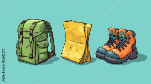 Outdoor adventure gear including a backpack, hiking boots, and a map ready for exploration