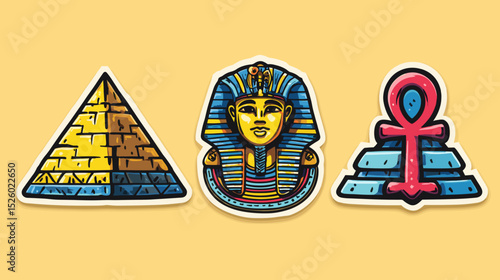 Colorful Egyptian hieroglyphic symbols featuring pyramid, pharaoh's mask, and ankh on yellow background