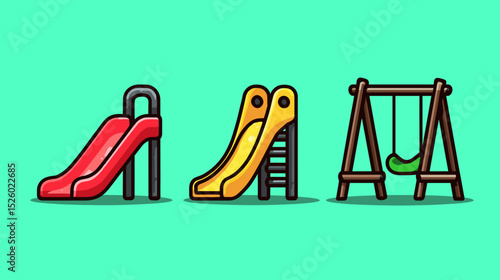 Colorful playground equipment featuring slides and swings for children's outdoor fun