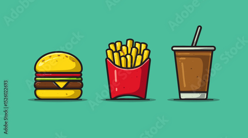 Delicious fast food trio featuring a burger, fries, and a drink on a bright background