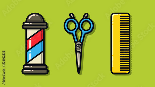 Essential tools for barbershop service featuring a barber pole, scissors, and comb on bright green background