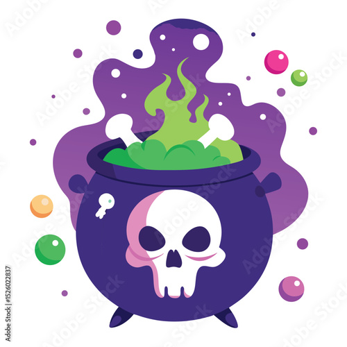 Cartoon Witch's Cauldron with Green Potion and Skull Decoration for Halloween Design