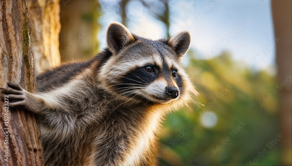Fototapeta premium Inquisitive Raccoon Discovers Tree Trunks Secrets in Vibrant Forest, Majestic Moody Dusk Enthralls with Mystical Whispers and Shadows.