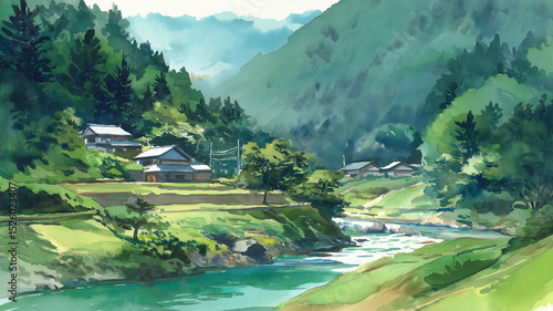 日本の田舎風景と緑豊かな自然に囲まれた川沿いの古民家｜夏の山間に佇む伝統家屋と清流のある風景｜水彩画風イラスト｜旅行・田舎暮らし・癒し・観光イメージに最適