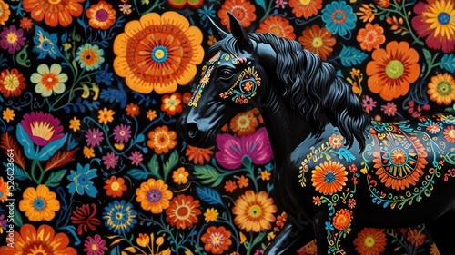 A beautifully decorated black horse surrounded by vibrant floral patterns in a colorful artistic display